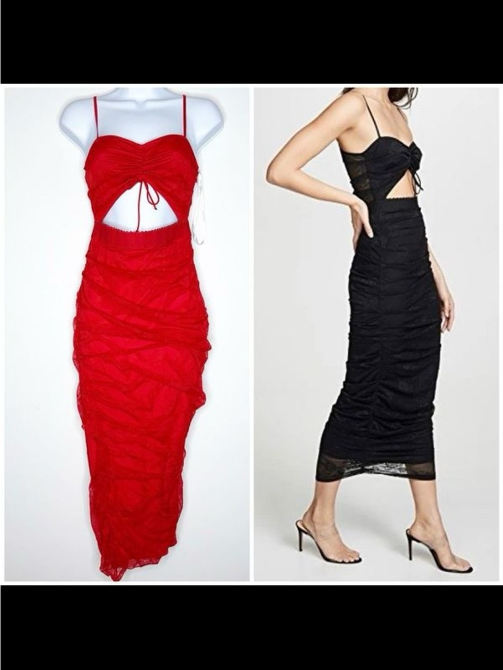 For Love & Lemons Red Ruched Cutout Midi Dress
